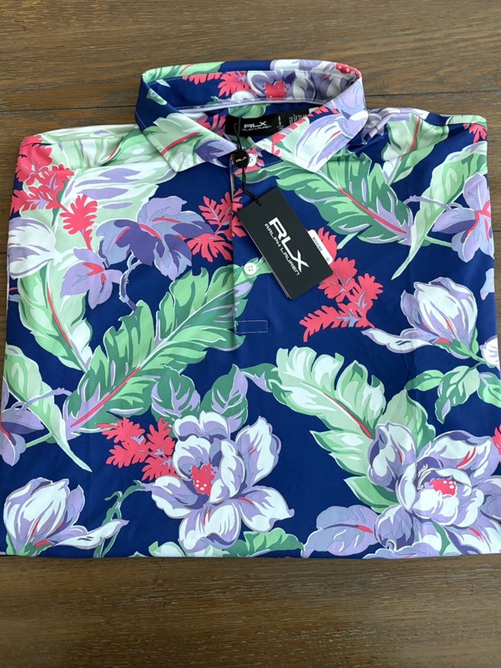 RLX Ralph Lauren Navy Shirt with Lavender, Green & Coral Floral Print Size L NWT